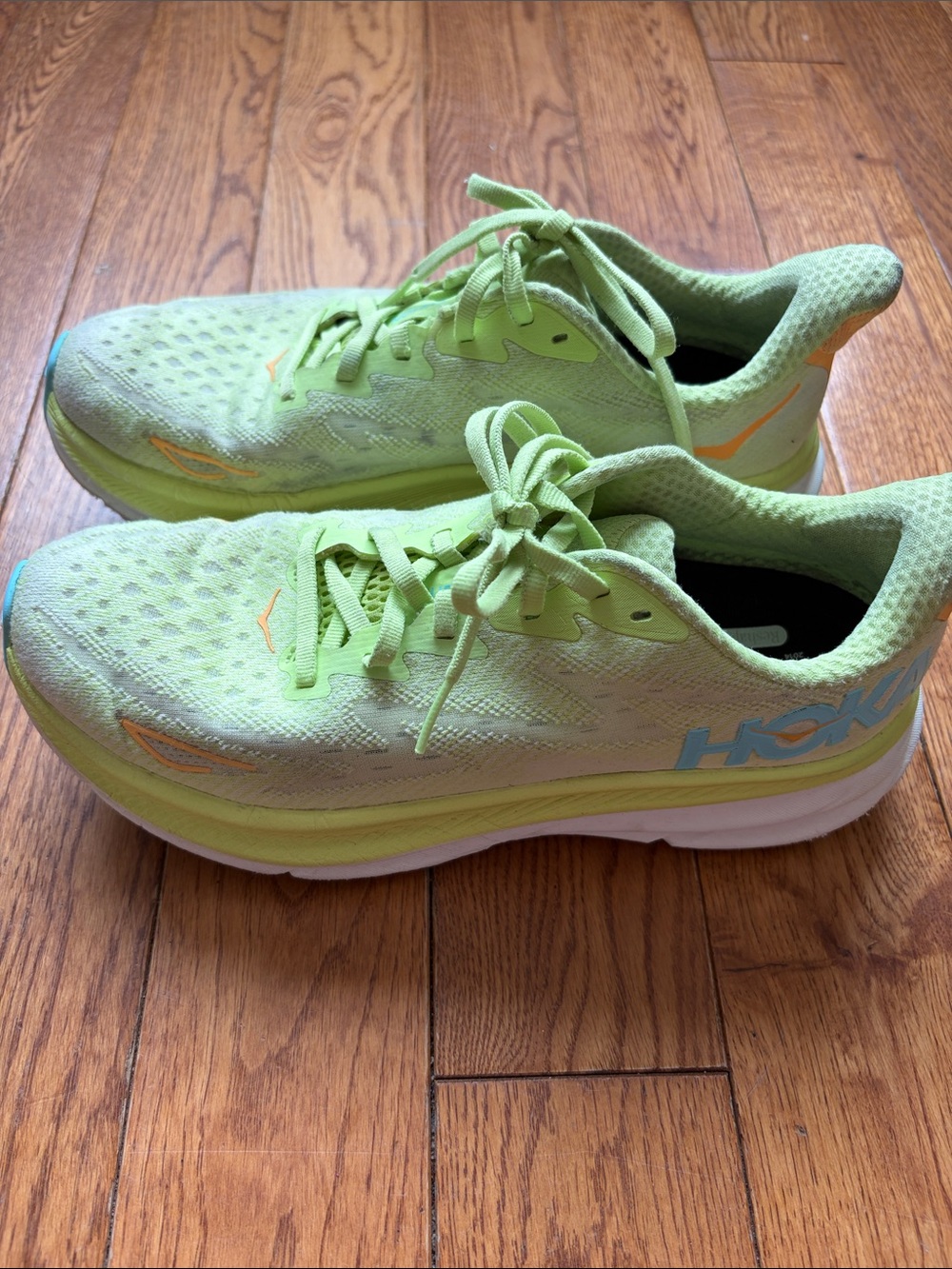 Hoka Clifton 9 Lime Green and White Performance Running Shoes